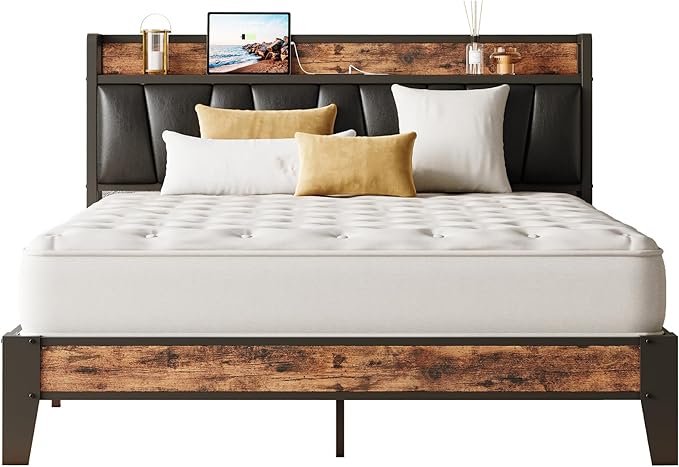 LIKIMIO Full XL Bed Frame, Storage Headboard with Charging Station, Solid and Stable, Noise Free, No Box Spring Needed, Easy Assembly(Vintage and Black)