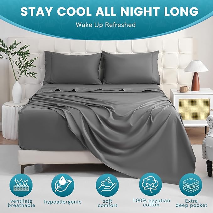 Bedlifes California King Sheet Set, Extra Deep Pocket 18-24 Inches, 1000Thread Count 100% Egyptian Cotton, Soft and Breathable 4-Piece,Dark Grey