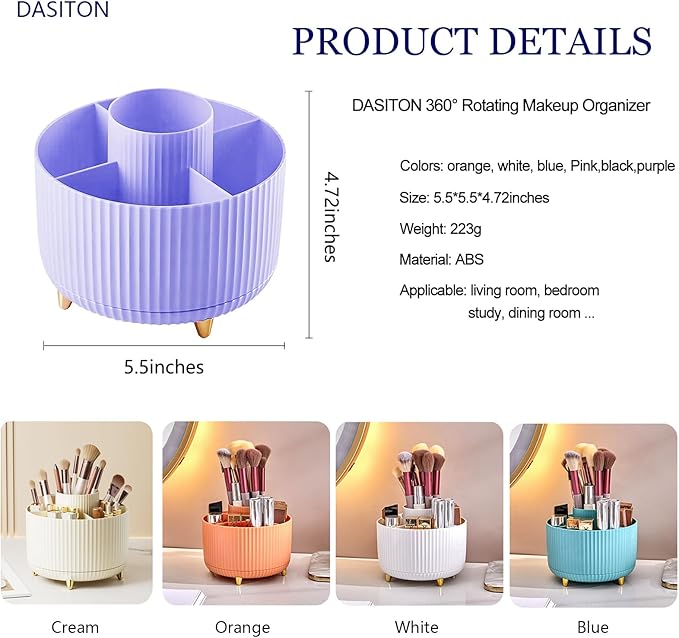 DASITON Large Capacity Makeup Brush Holder,360° Rotating Makeup Organizer,5 Slot Makeup Brushes Cup,for Vanity Decor,Bathroom Countertops,Desk Storage Container,Cosmetic Display cases(Purple)