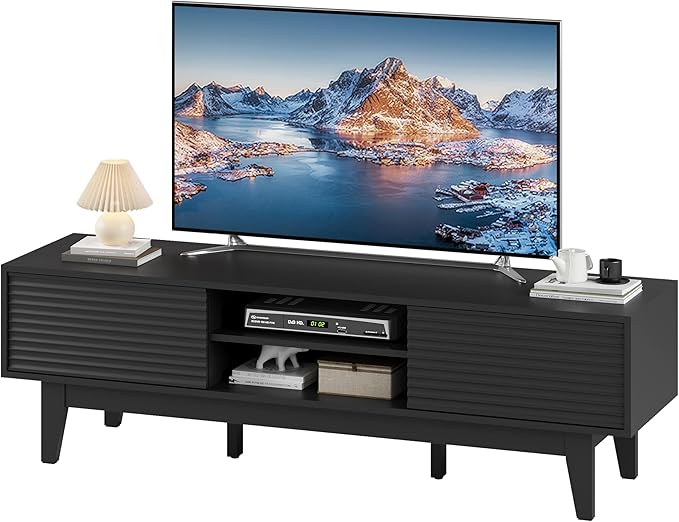 Fluted TV Stand for 55 65 Inch TV, Mid Century Modern Entertainment Center with Shelves, Cabinets & Sliding Doors, TV Media Console Table with Wood Feet & Cord Holes for Living Room, Bedroom, Black
