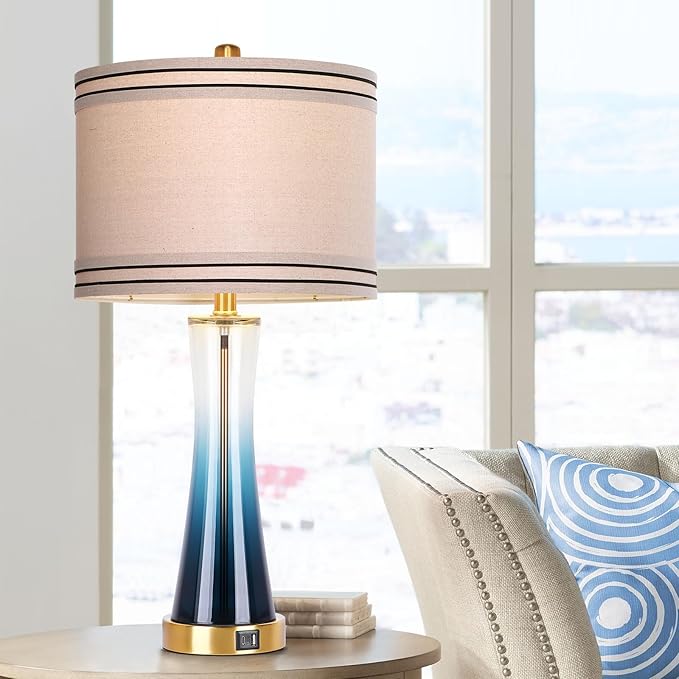27.4''Table Lamps for Living Room Set of 2,3-Way Dimmable Modern Glass Bedside Lamps with USB Ports,Tall Lamps for Night Stands,Touch End Table Lamps for Bedroom Desk Lamps for Home Office(Blue)