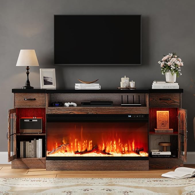 Electric Fireplace TV Stand with Fireplace, 70" Farmhouse Fireplace Entertainment Center with Storage Cabinets,TV Console for TVs Up to 80", TV Stands for Living Room,Brown