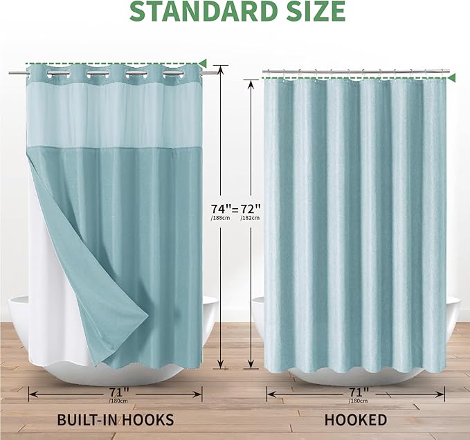 Teal No Hook Shower Curtain with Snap-in Fabric Liner Set,Slub Textured Fabric Shower Curtains for Bathroom,Hotel Style Modern Shower Curtain,Water Repellent & Washable,71x74(72)
