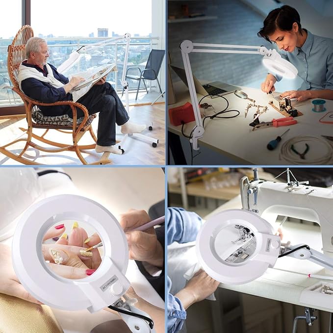 Magnifying Floor Lamp with 5 Wheels Rolling Base for Estheticians - 1,500 Lumens LED Dimmable Light with Magnifying Glass, 8-diopter Lighted Magnifier for Reading, Crafts, Sewing, Close Work(5X)
