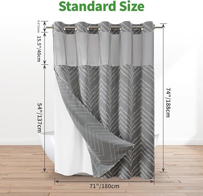 Grey No Hook Shower Curtain with Snap-in Liner Set,Boho Modern Farmhouse White Tufted Chevron Striped Design,Woven Fabric Bathroom Curtain,71x74