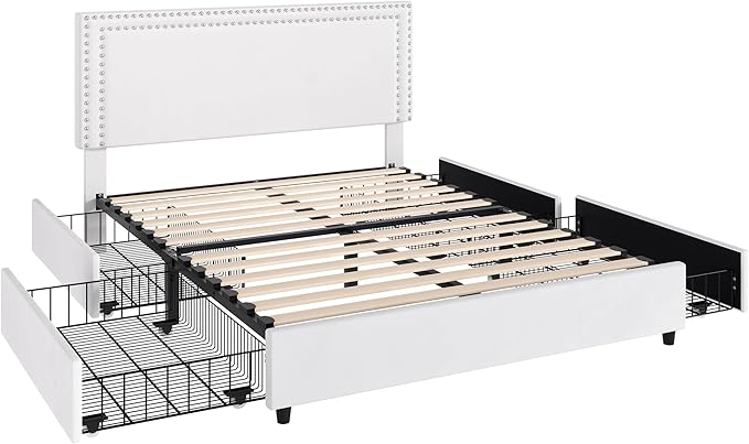 VECELO Queen Size Upholstered Platform Bed Frame with 4 Storage Drawers, Adjustable Velvet Rivet Decor Headboard, Wooden Slats Support, No Box Spring Needed, Easy Assembly