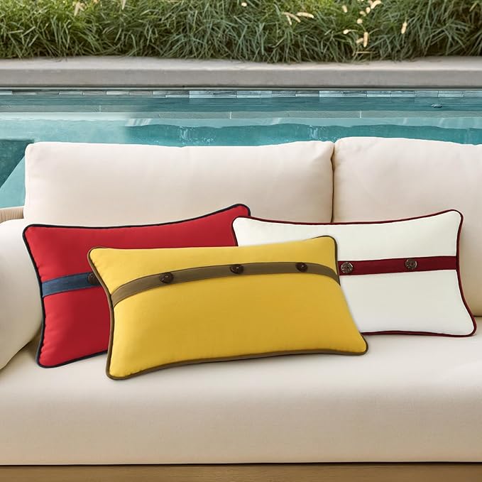 Outdoor Sunbrella Decorative Pillows with Triple Coconut Buttons Pack of 4, 20" x 12" Outdoor Pillow Set for Couch Bed Throw Patio Sofa, Spectrum Eggshell/Spectrum Ruby