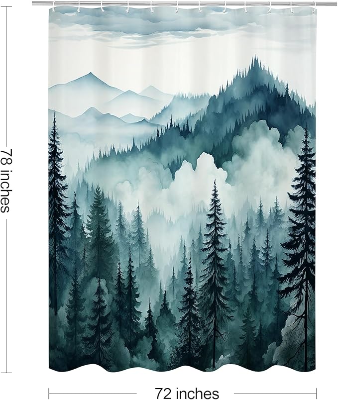 Peacock Blue Long Misty Pine Forest Shower Curtain 72 x 78, Mountain Foggy Woodland Scenery Tree 78 Inch Long Shower Curtains for Bathroom, Abstract Waterproof Nature-Themed Decor