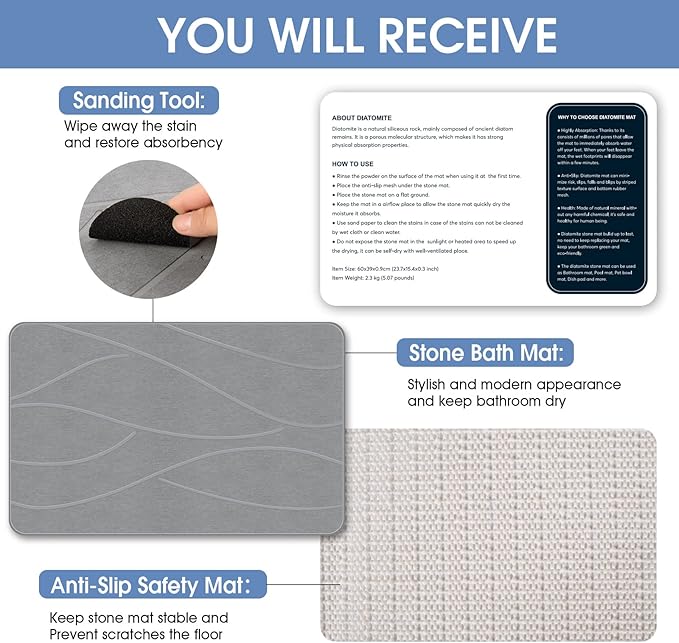 Stone Bath Mat Diatomaceous Earth Shower Mat Non-Slip Super Absorbent Diatomite Stone Bath Mats for Bathroom Floor Quick Drying Natural Easy to Clean(23.6''×15.4" Gray)