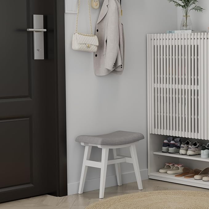 Solid Wood Small Vanity Stool, Compact Makeup Chair with Saddle Cushion, Linen-Covered High Rebound Sponge Seat, Easy Assembly Footstool for Bedroom, Entryway, Home, White