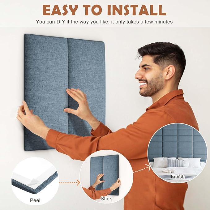 IFNOW Upholstered Wall Mounted Peel and Stick King Size Headboard, Soundproof 3D Wall Panels, Reusable and Removable Tufted Bed Headboard in Dusty Blue (12 Panels, 10" x 24")