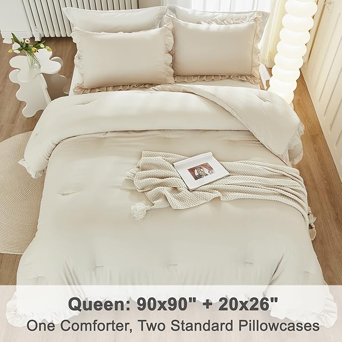 Litanika Queen Comforter Set Beige, 3 Pieces Ruffle Lightweight Bedding Comforter Set, Fluffy Bed Set (90x90In Comforter, 2 Pillowcases)