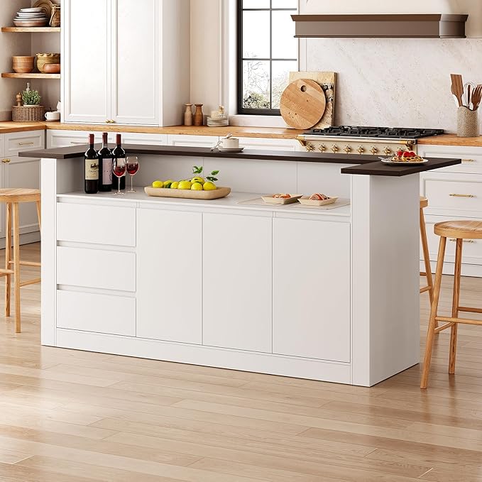 86.6" Large Kitchen Island with Trash Can Storage, Stationary Storage Island with 3 Drawers and 2 Shelves, Wood Island Table with Large Countertop for Kitchen, Dining Room,White