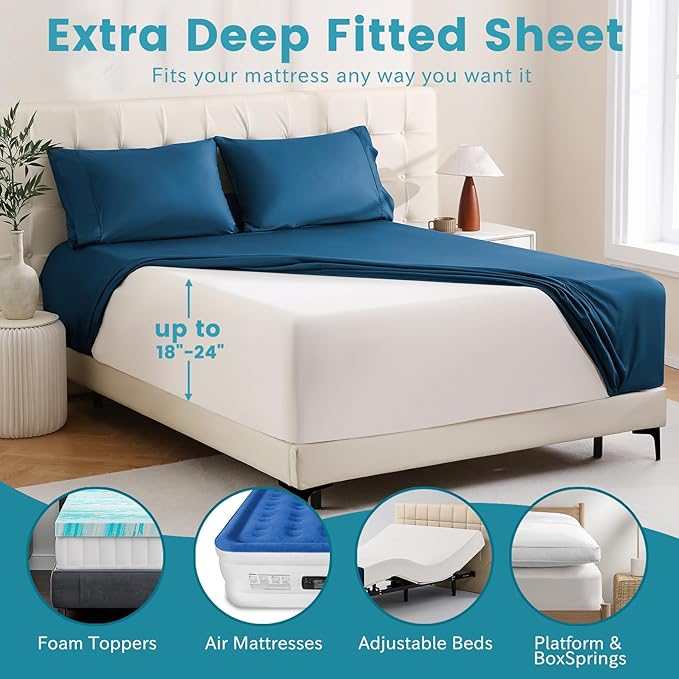 Bedlifes Queen Sheet Set, Extra Deep Pocket 18-24 Inches,1000Thread Count 100% Egyptian Cotton, Soft and Breathable Sateen 4-Piece,Navy
