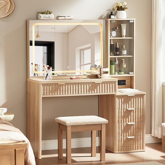 LEYAOYAO Vanity Desk with Mirror and Lights with Stool, 43.5'' Fluted Makeup Vanity with 6 Drawers and Adjustable Shelves,Wood Make Up Vanity Set with Glass Top and Power Outlet for Bedroom
