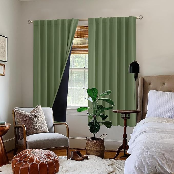 BGment Grass Green 100% Blackout Curtains 63 Inch Length with Reducing Noise Liner, Rod Pocket and Back Tab Double Layer Full Room Darkening Window Curtain for Bedroom, 2 Panels, Each 52 x 63 Inch