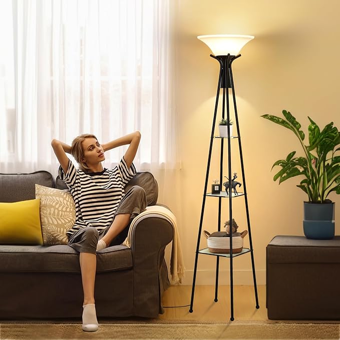 Floor Lamp with Shelves, 69” Tall Torchiere Floor Lamps for Living Room, 3-Tier Glass Shelf Lamp, Black Standing Lamp with Plastic Shade, Lamps for Bedroom, Office, 3 Color Temperatures Bulb Include