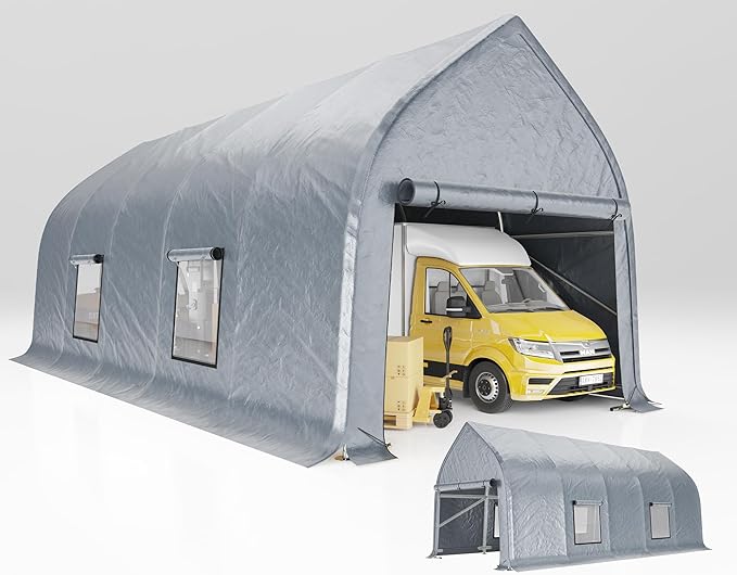 AMERLIFE 12 x 30 FT Walnut-Shaped Outdoor Carport, Heavy Duty Enclosed Carport, UV & Snow Resistant, Roll-Up Doors & Mesh Windows, for Trucks, Boats, Farm Equipment, Events, Silver Gray