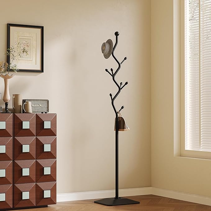 Coat Rack Freestanding Metal Coat Tree with 8 Hooks, Creative Design Tree Branch-look, Standing Coat Rack Coat Hanger Stand with Stury cast iron Base for Entryway, Hallway, Bedroom (black)