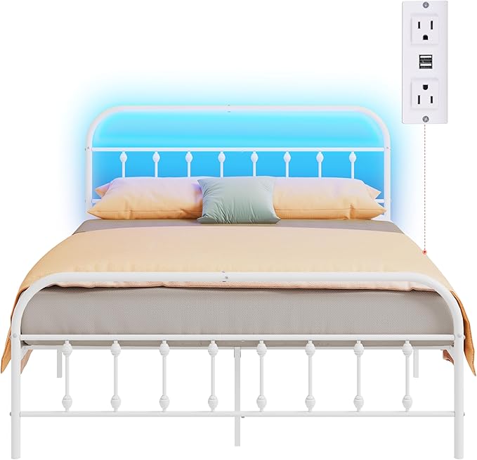 WLIVE Queen Bed Frame with Headboard, Bed Frame Queen Size with LED Lights and Charging Station, Metal Bed Frames with Storage, White