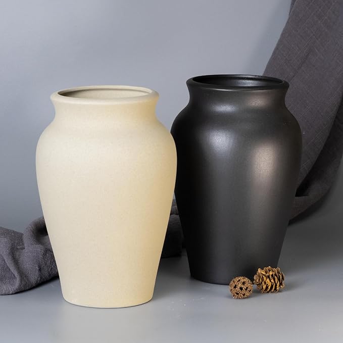 Ceramic Vase for Home Decor, 9 Inch Wide Mouth Pottery Vase, Vintage Farmhouse Vase Boho Neutral Decor, Terracotta Rustic Vase for Living Room, Entryway, Floor, Mantel Decoration(Pottery Clay)
