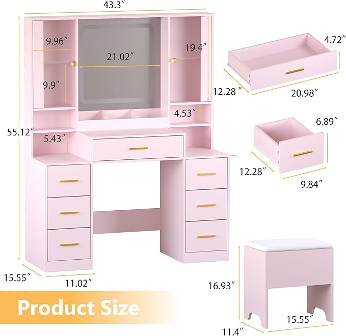 Pink Makeup Vanity Desk with Mirror & Lights, Modern Vanity Table with Charging Station, 7 Drawers, Glass Cabinet, Shelves & Cushioned Stool, Bedroom Dressing Table Set for Women & Girls