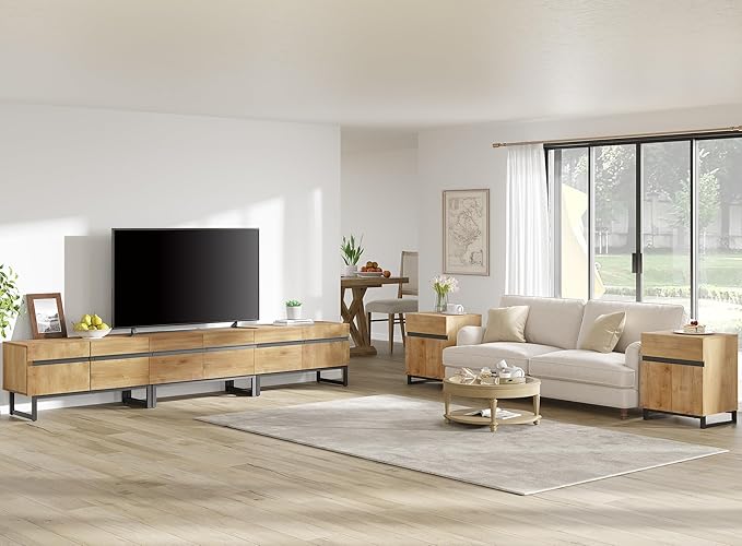 WAMPAT TV Stand and End Table Set of 3, Living Room Table Sets, 106 Inch TV Stand and 2 End Table Set with Drawers for Living Room, Entertainment Center, Console TV Table, Oak