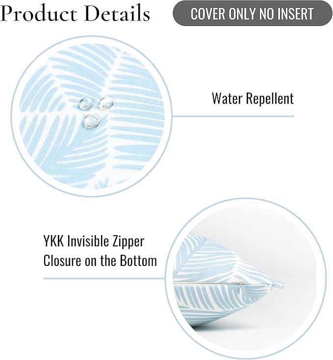 Hofdeco Premium Coastal Hampton Style Patio Indoor Outdoor Lumbar Pillow Cover Only, 12"x20" Water Resistant for Backyard, Couch, Baby Blue Palm Leaf