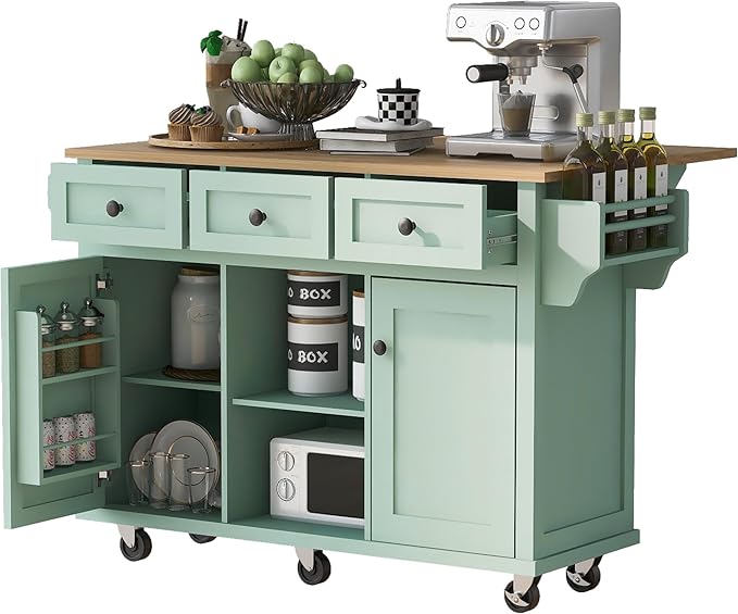 Kitchen Island Cart with Drop-Leaf Cabinet Door Internal Storage Rack 5 Wheels 3 Drawers for Kitchen, Dining Room, Bathroom 53.1" W*29.5" D*37.2" H Mint Green