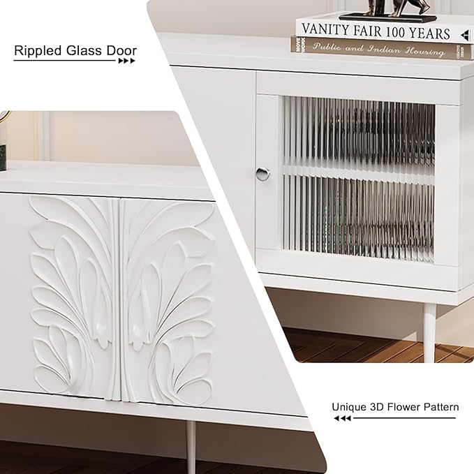 TV Stand for TVs up to 75 Inches, Mid Century Modern Entertainment Center with 3D Flower Pattern, Wood Media Console with 2 Fluted Glass Doors, Storage Cabinet for Living Room, White