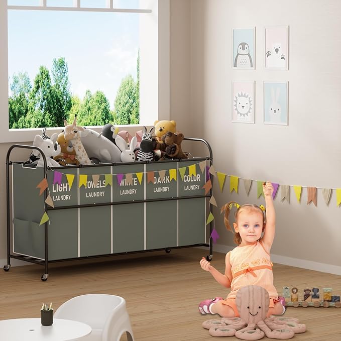 5-Section Laundry Sorter Cart, Large Laundry Hamper with Lockable Rolling Wheels, Versatile Storage Organizer with Removable Bags for Dirty Clothes, Gray