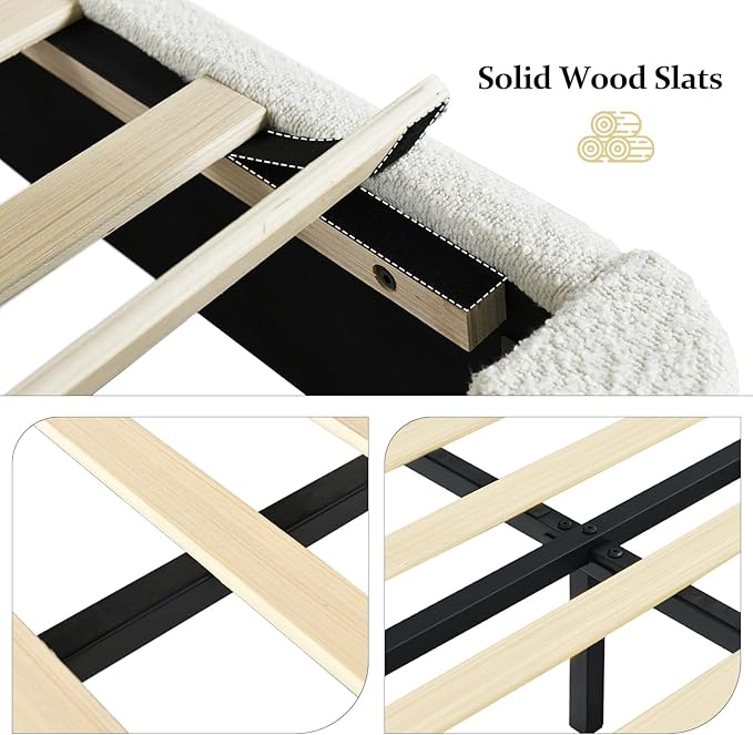 Full Bed Frame, Full Size Upholstered Platform Bed Frame with 56" Headboard, Soft Boucle Fabric, Mid-Century Modern Design, No Box Spring Required, Easy Assembly, White