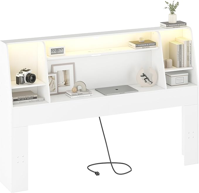 Headboard Queen Size with Storage, Upholstered Wood Bookcase Headboard with Charging Station & 2 LED Lights (White, Queen)