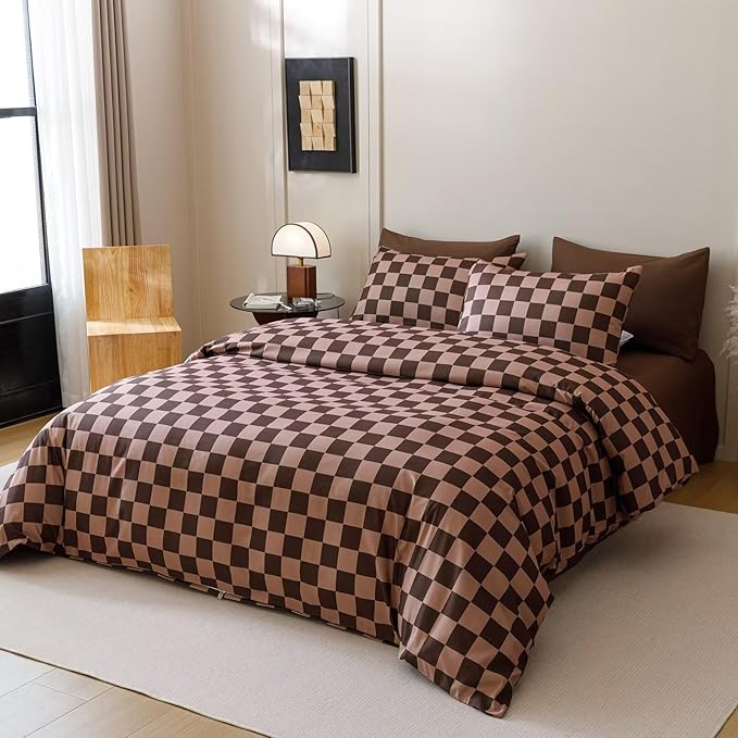 Luxlovery Brown Plaid Comforter Set Queen Coffee Grid Bedding Comforter Set Women Men Queen Size Soft Breathable Blanket Quilts Dark Brown Geometric 3pcs Bedding Set for Full Bed