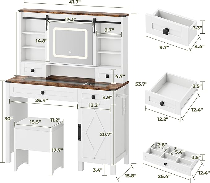 IRONCK Farmhouse Vanity Desk with Sliding Mirror & Lights, Glass Top Makeup Vanity Table with Power Outlet, 3 Color Lighting Modes, 4 Drawers & Storage Cabinet, Includes Cushioned Stool for Bedroom