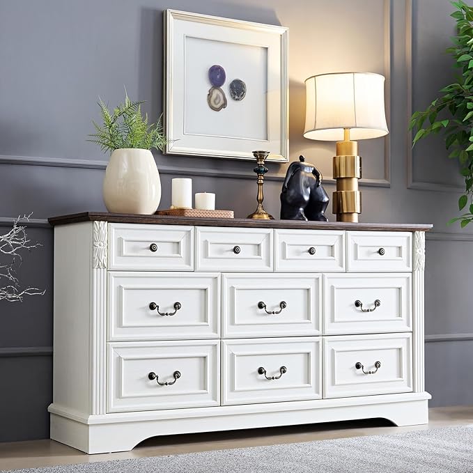 Dresser for Bedroom,Farmhouse 10 Drawers Dresser, 59" Wide Wood Rustic Chest of Drawers with Carved Pilasters, Storage Organizer, Living Room, Hallway, Antique White