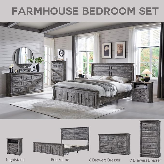 Farmhouse 7 Drawers Dresser for Bedroom, 57" Tall Large Dressers & Chests of Drawers w/Roman Column, Storage Dressers Organizer for Bedroom, Hallway, Living Room, Light Grey