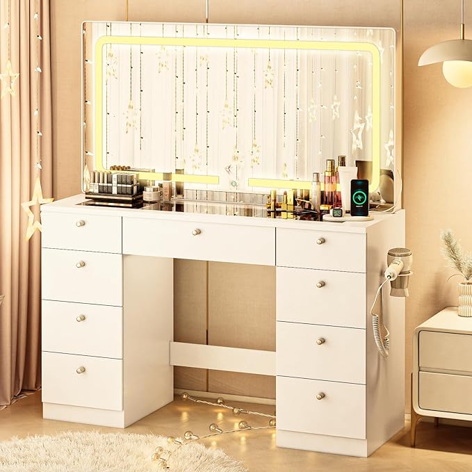 46" Makeup Vanity with Mirror, Glass Top Makeup Vanity Desk with Power Outlet and 9 Drawers, 3 Color Lighting Modes for Bedroom, White