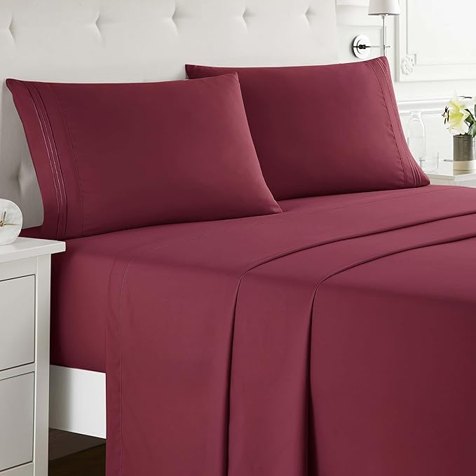 Clara Clark Full XL Bed Sheet Set - Wrinkle, Fade, Stain Resistant, Deep Pocket Sheets - Luxury Soft Bedding Sheets & Pillowcases, Full XL Burgundy