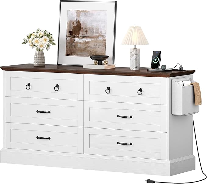 DWVO Farmhouse 6 Drawers Dresser, 59" Wide Wood Rustic Chest of Drawers with Nice Texture, Vintage Design, Storage Dressers Organizer for Living Room, Hallway, White