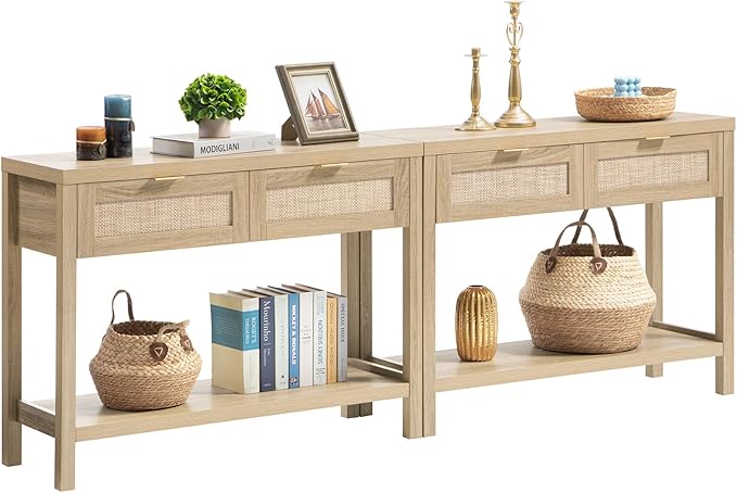 SICOTAS Console Table Set of 2 - Boho Entryway Table with Storage and Rattan Drawers, 2 Tier Shelf, Narrow Long Sofa Tables for Living Room, Natural Entry Table for Hallway, Foyer