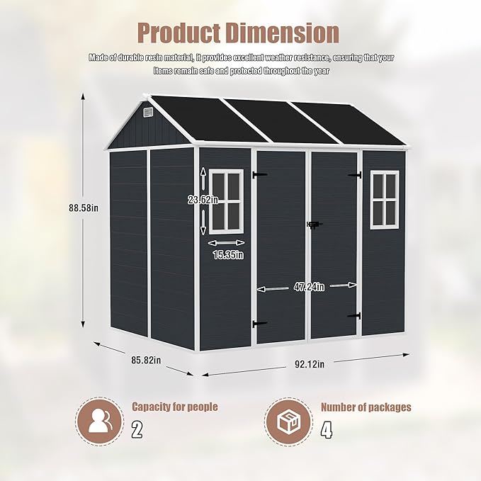 8x7 FT Outdoor Storage Resin Shed with Floor, Waterproof Plastic Garden Tool Shed with Windows, Vents & Lockable Door and Sloped Roof, Easy to Assemble Bike Shed for Patio, Backyard, Lawn, Black
