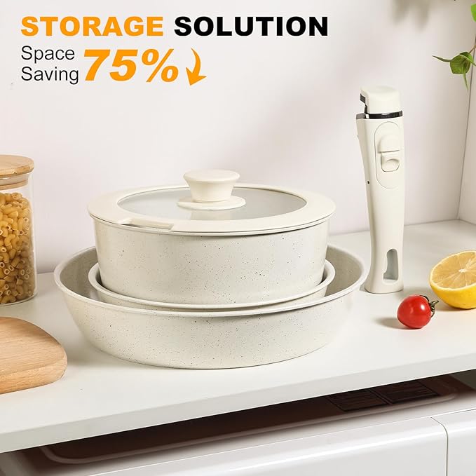 Pots and Pans Set Non Stick, Ceramic Cookware Set Nonstick Frying Pans 5 Pcs-Non Toxic PFAS/PFOA/PTFE Free, with Detachable Handle for RV Kitchen, Induction & Dishwasher Safe Cream White