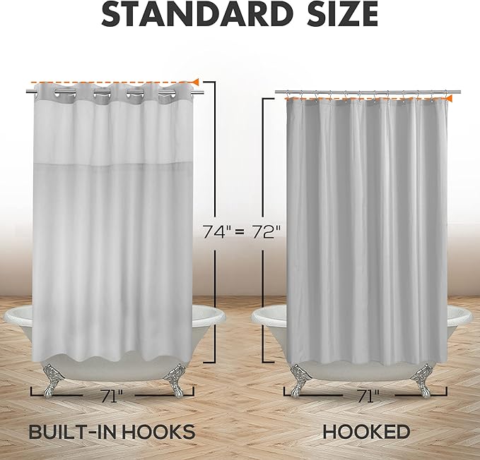 No Hook Slub Textured Shower Curtain with Snap-in PEVA Liner Set - 71" x 74"(72"), Hotel Style with See Through Top Window, Machine Washable & Water Repellent, Gray, 71x74