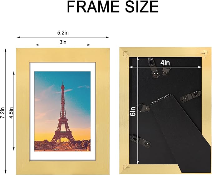 4x6 Picture Frame Set of 4, High Definition Real Glass, Display Pictures 3.5x5 with Mat or 4x6 Without Mat, Gallery Wall Hanging or Tabletop Photo Frames, Gold