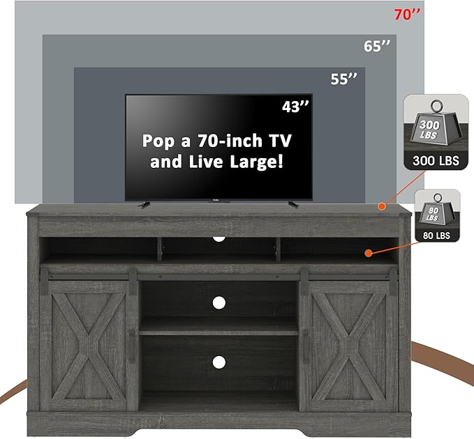 Farmhouse TV Stand for 65+ Inch TV, 34'' Tall Entertainment Center with Sliding Barn Doors, Rustic Wood Media Console Storage Cabinet Television Stand for Living Room, Bedroom (Dark Grey)