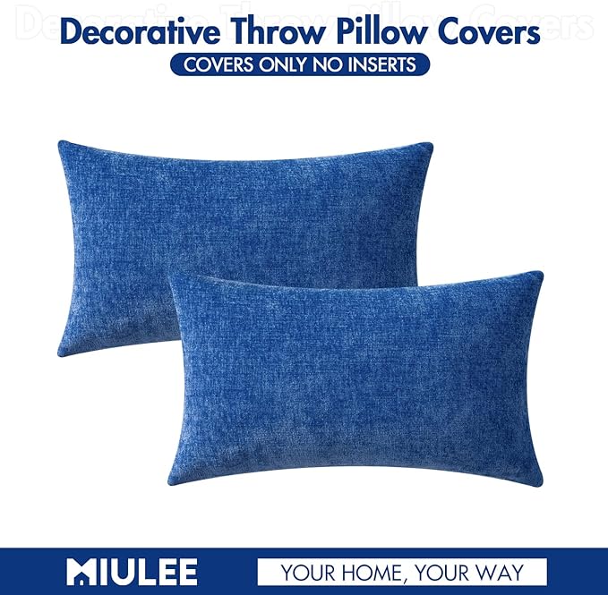MIULEE Pack of 2 Couch Throw Pillow Covers 12x20 Inch Soft Royal Blue Chenille Pillow Covers for Sofa Living Room Solid Dyed Pillow Cases