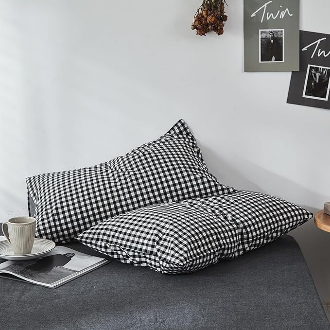 mixinni Black Gingham Comforter Set Full, Plaid Comforter Set 3 Pieces 1 Black Grid Comfoter with 2 Pillow Cases for All Seasons, Soft Fluffy Modern Grid Pattern Printed Bedding-Full Size