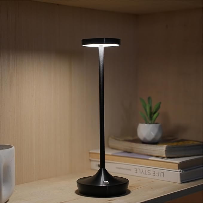 Cordless Table Lamp, Rechargeable Battery Operated LED Desk Lamp, 3-Color Stepless Dimming, Portable & Waterproof, for Restaurants, Bedrooms, Bars, Outdoor Parties, Camping, and Cafes (Black)