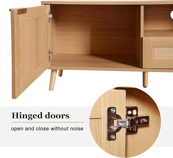 Rattan TV Stand for TVs up to 85'', Boho Entertainment Center with 2 Doors & 2 Drawers, Solid Wood Feet, Vintage Console Table for Living Room